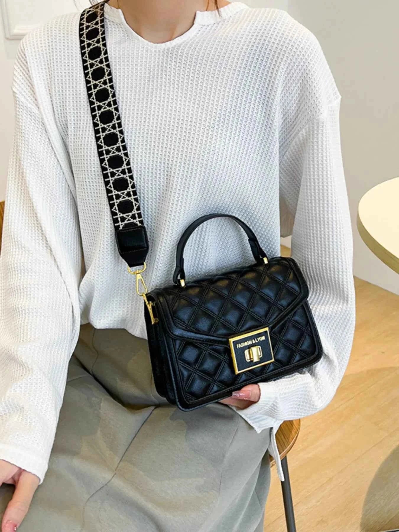 Quilted Adjustable Strap Shoulder Bag Black One Size bf80dac7f87443c382b70c26021f6dad-Max-Origin