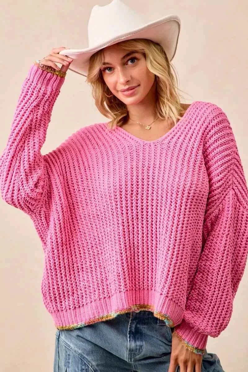 BiBi V-Neck Sweater with Colorful Trim bf82ed1655324d3e9cee99a815da2d6f-Max-Origin