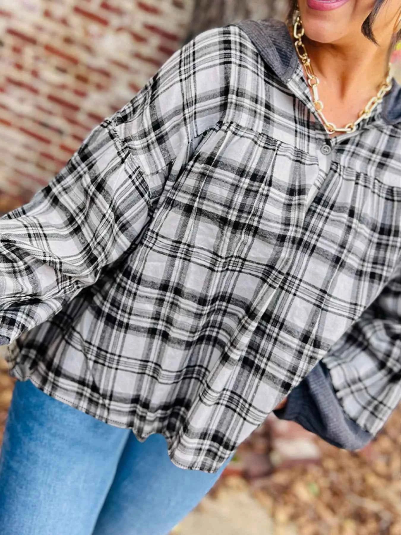 Plaid Long Sleeve Hooded Top Gray bf88f316-f381-4b81-b148-ceb073d8ffb9-Max-Origin