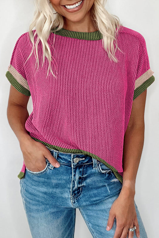 Rose Red Textured Colorblock Round Neck T Shirt bf893dcb89550938