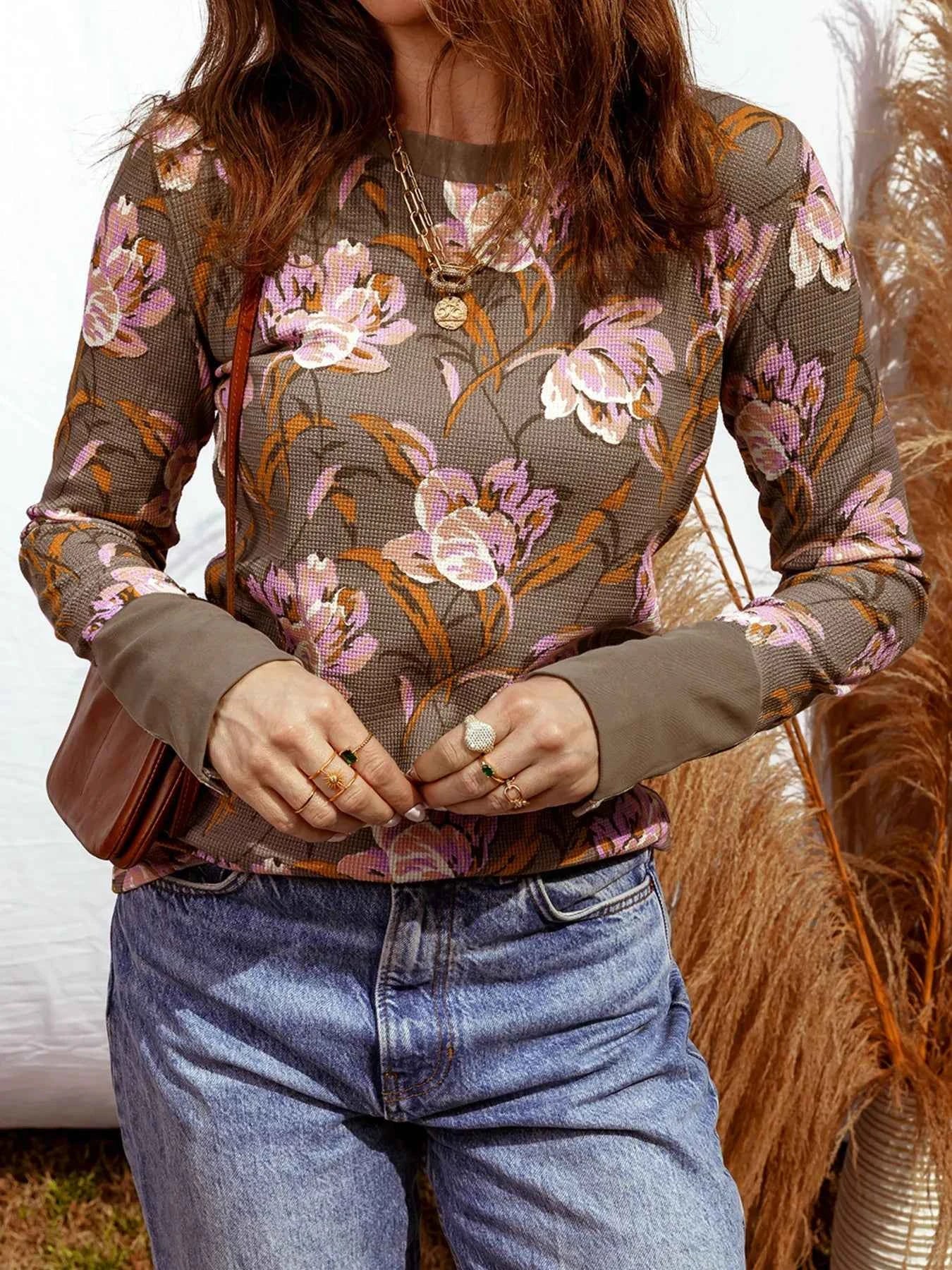Floral Print Waffle Textured Long Sleeve Top bf8c33b945184a02bafdfac094dd723a-Max-Origin
