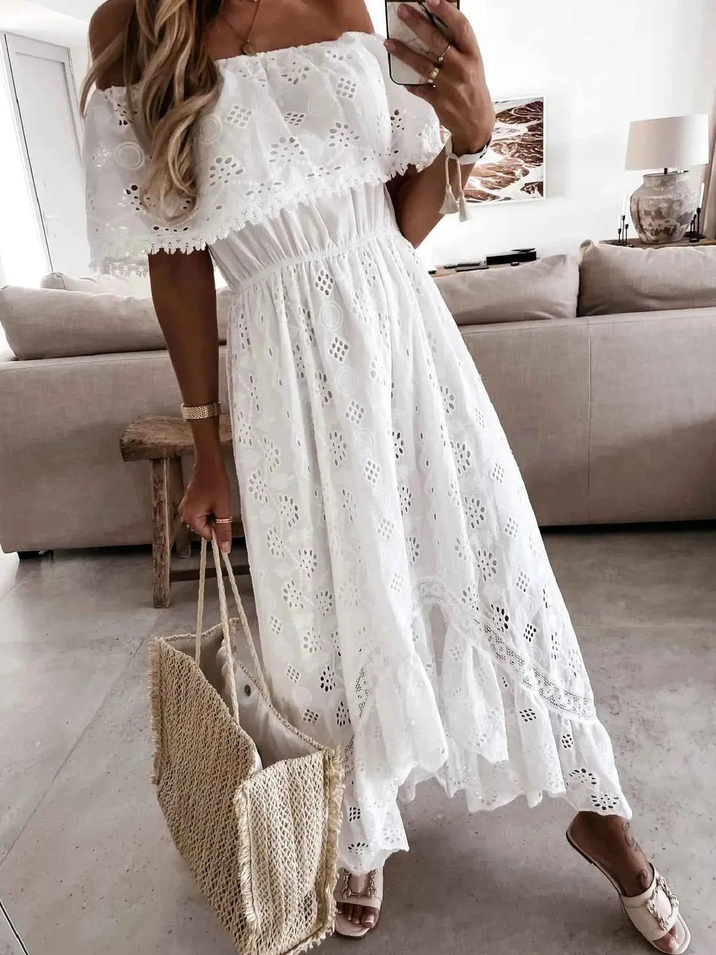 Eyelet Ruffled Hem Off-Shoulder Dress bf8ce5df-3ed8-4af7-9118-3866e1ac68ee-Max-Origin