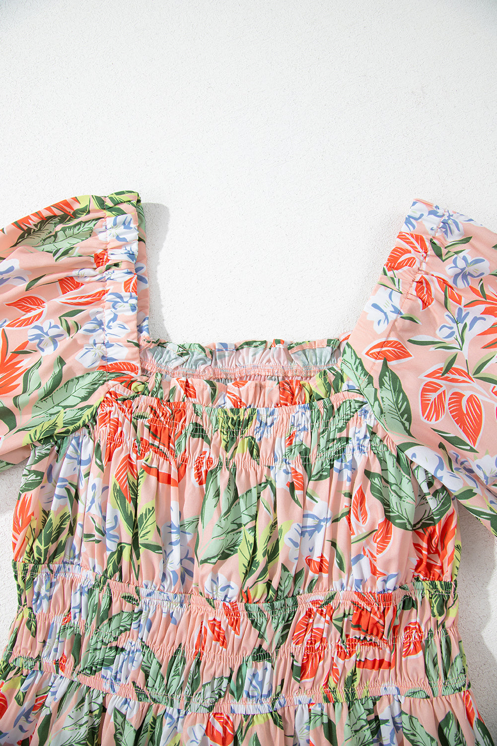 Apricot Pink Floral Knot Front Smocked Bubble Sleeve Dress bf8d47cebfd70a35
