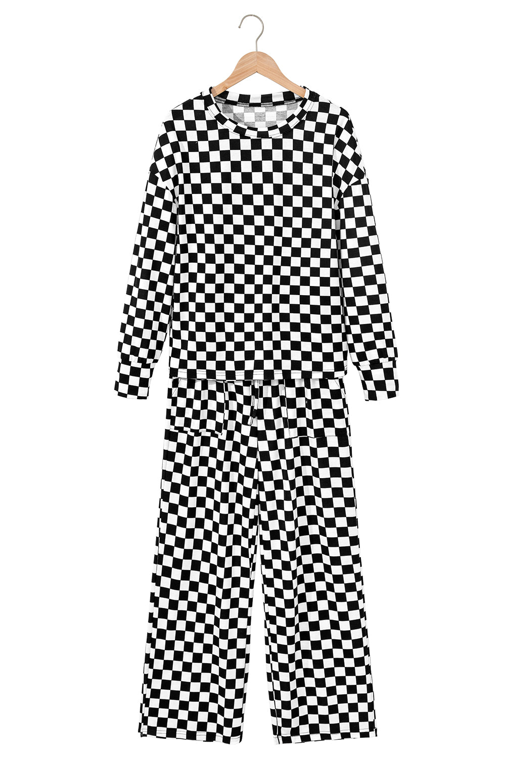 Beige Checkered Print Long Sleeve Loose Fit Pajama Set bf902f6e9d5bb025