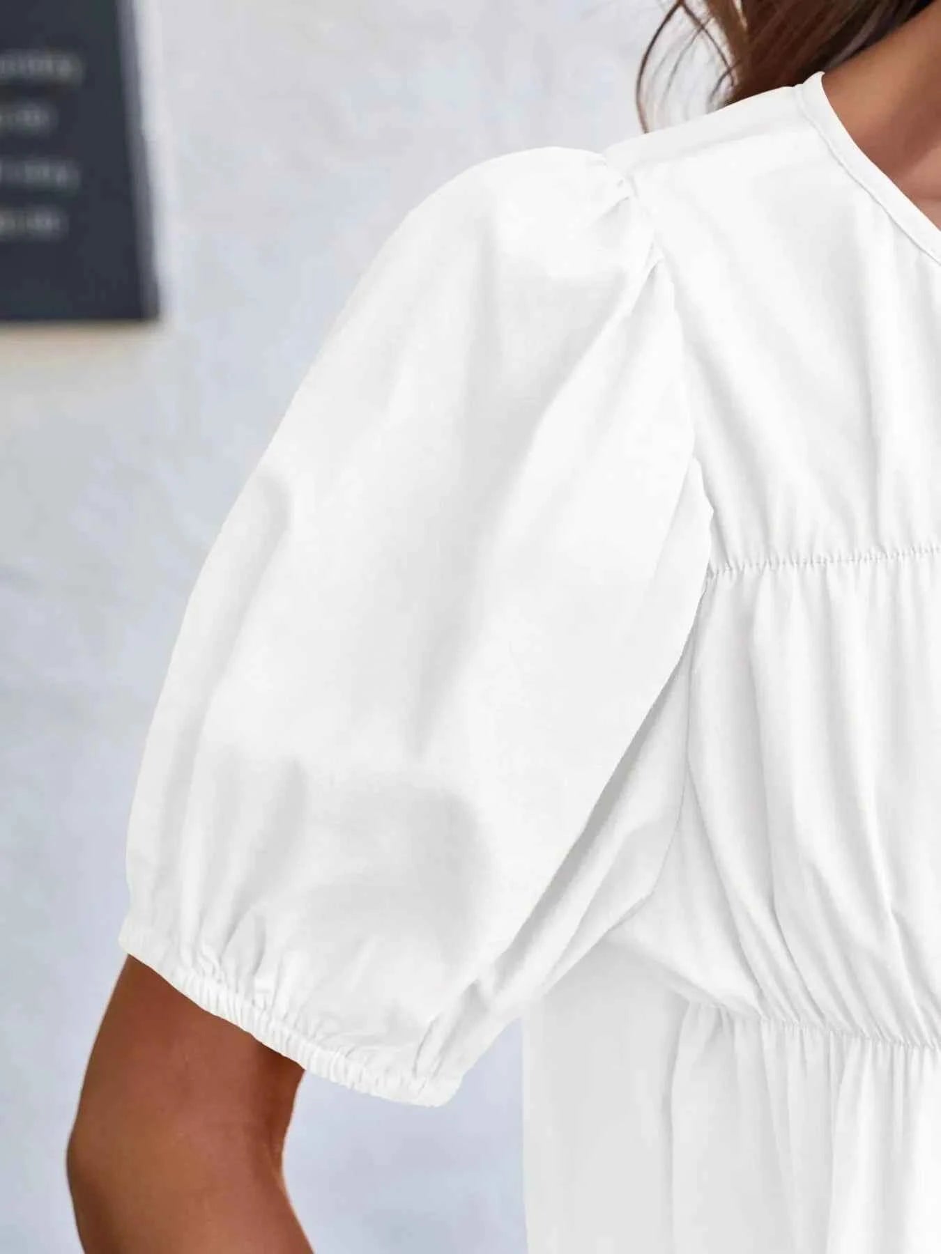 Tiered Round Neck Puff Sleeve Ruched Blouse bf903f6a2d044c5c839ed52562e33408-Max-Origin
