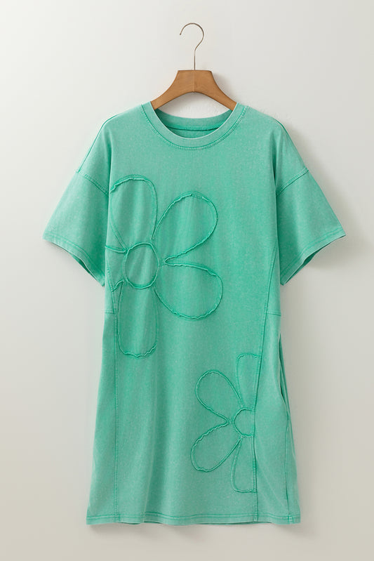 Sky Blue Mineral Wash Flower Patchwork Mini T Shirt Dress bf920cc1e615d9b5