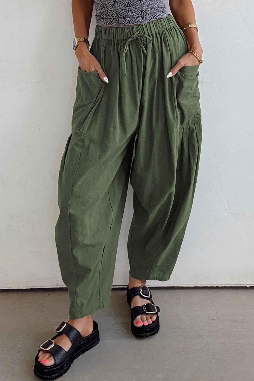 Jungle Green Drawstring Elastic Waist Patch Pocket Barrel Leg Casual Pants bf92f6d300760918