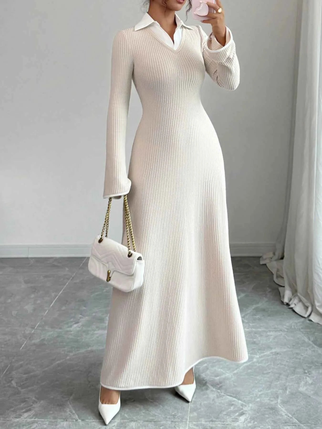 Ribbed Knit Long Sleeve Maxi Dress with Collar Dust Storm bf94e8b0-c846-49bd-94f4-0306f0f691de-Max-Origin