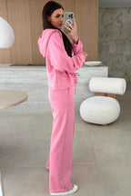 Pink Solid Color Zip Up Hoodie Drawstring Loose Pants Set bf9b5a7dfed0befe