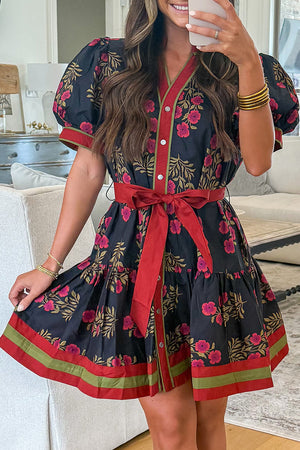 Black Retro Floral Print Button Down Belted Short Puff Sleeve Mini Dress Black 100%Cotton bf9e6ef31c619de7