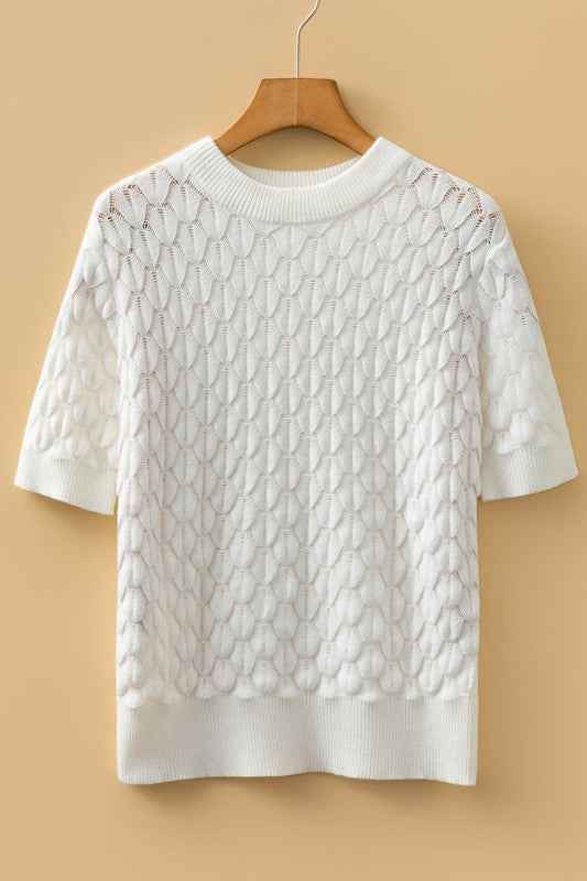 Fish Scale Textured Knit Short Sleeve Sweater bfa1672a-b7c5-44e7-8551-a00cde63fc52