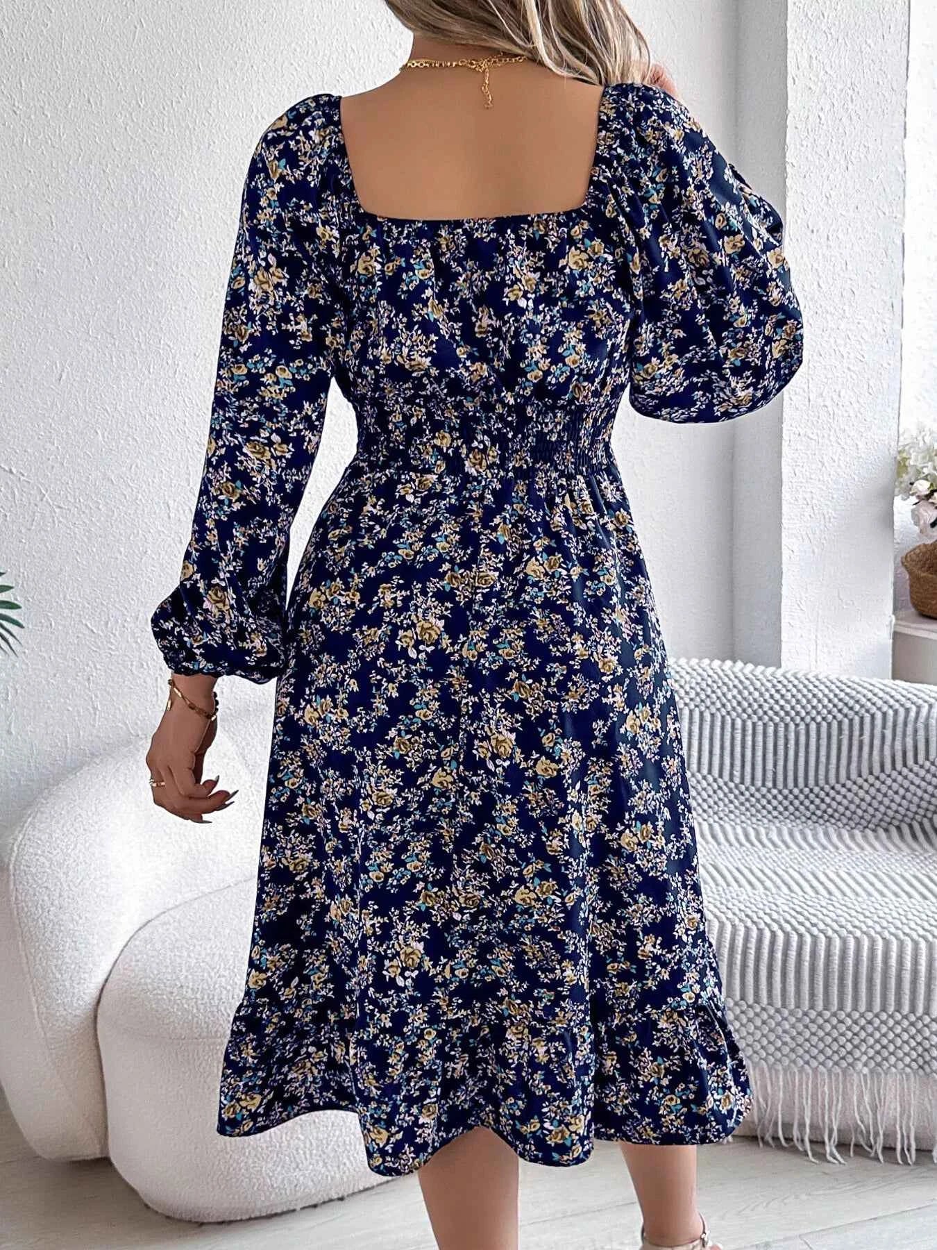 Floral Print Long Sleeve Square Neck Midi Dress bfa8c68a7d6144c1a492408382967fe6-Max-Origin