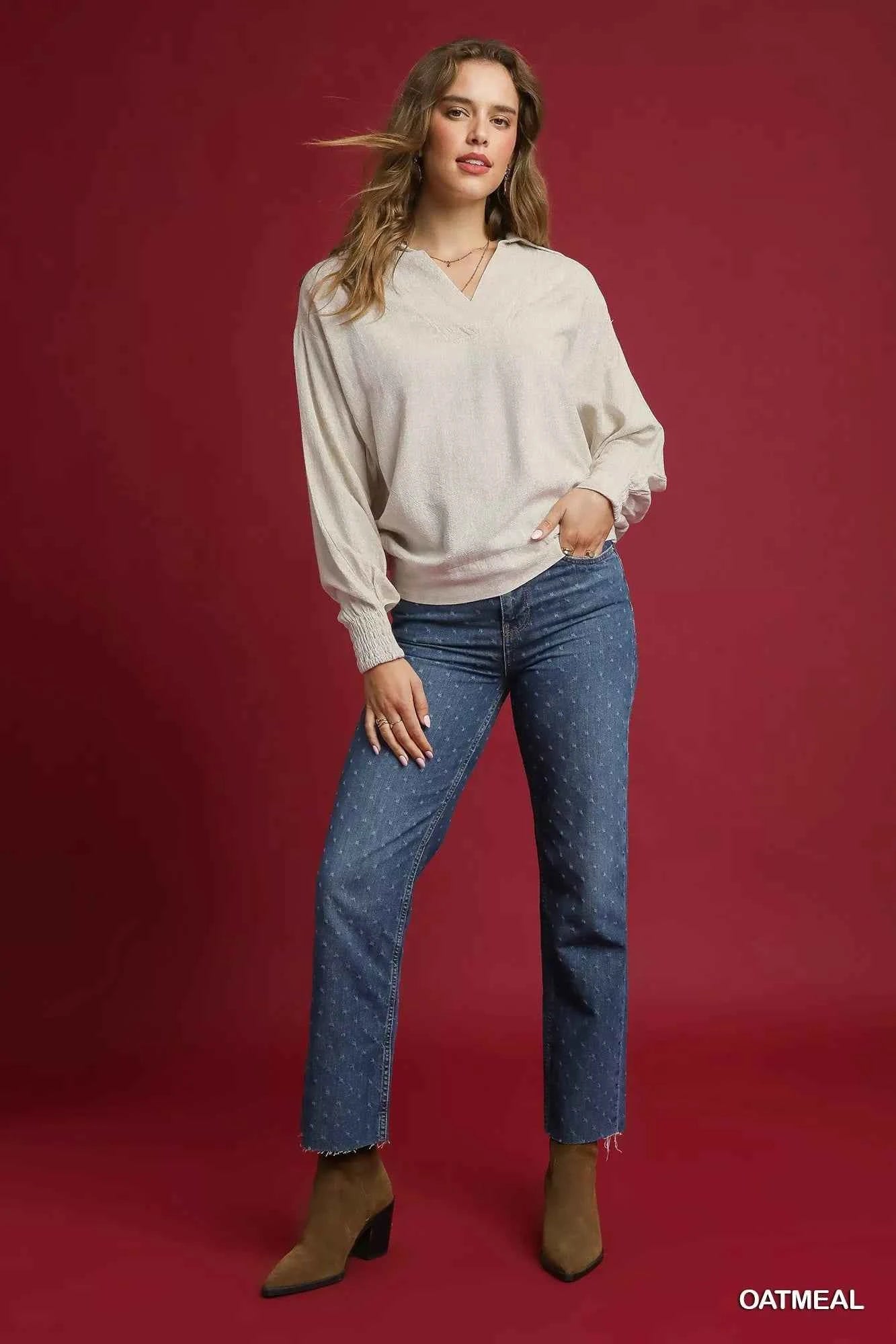 Umgee Linen Long Sleeves Elastic Hem Blouse bfabec7a-c42e-46fa-930c-9d8d9da8475c-Max-Origin