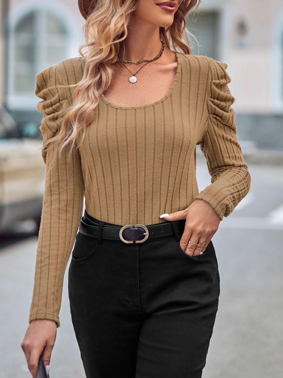 Ribbed Scoop Neck Puff Sleeve T-Shirt