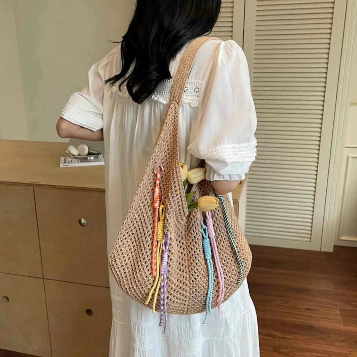 Lightweight Crochet Shoulder Bag Khaki onesize bfb3c31a-78a0-4b06-9be8-c6834808f023-Max-Origin