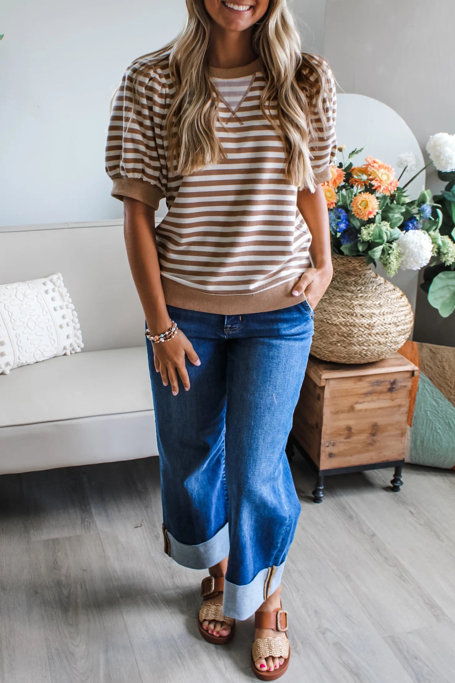 Orange Stripe Short Bubble Sleeve T Shirt bfb532eda72fe826