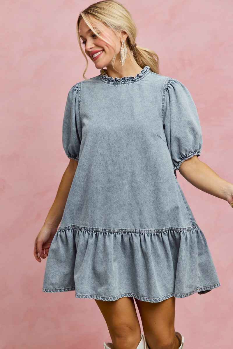 SO ME Denim Short Sleeves Mini Tiered Dress bfbbea1da4f247faafa7352700e87f28-Max