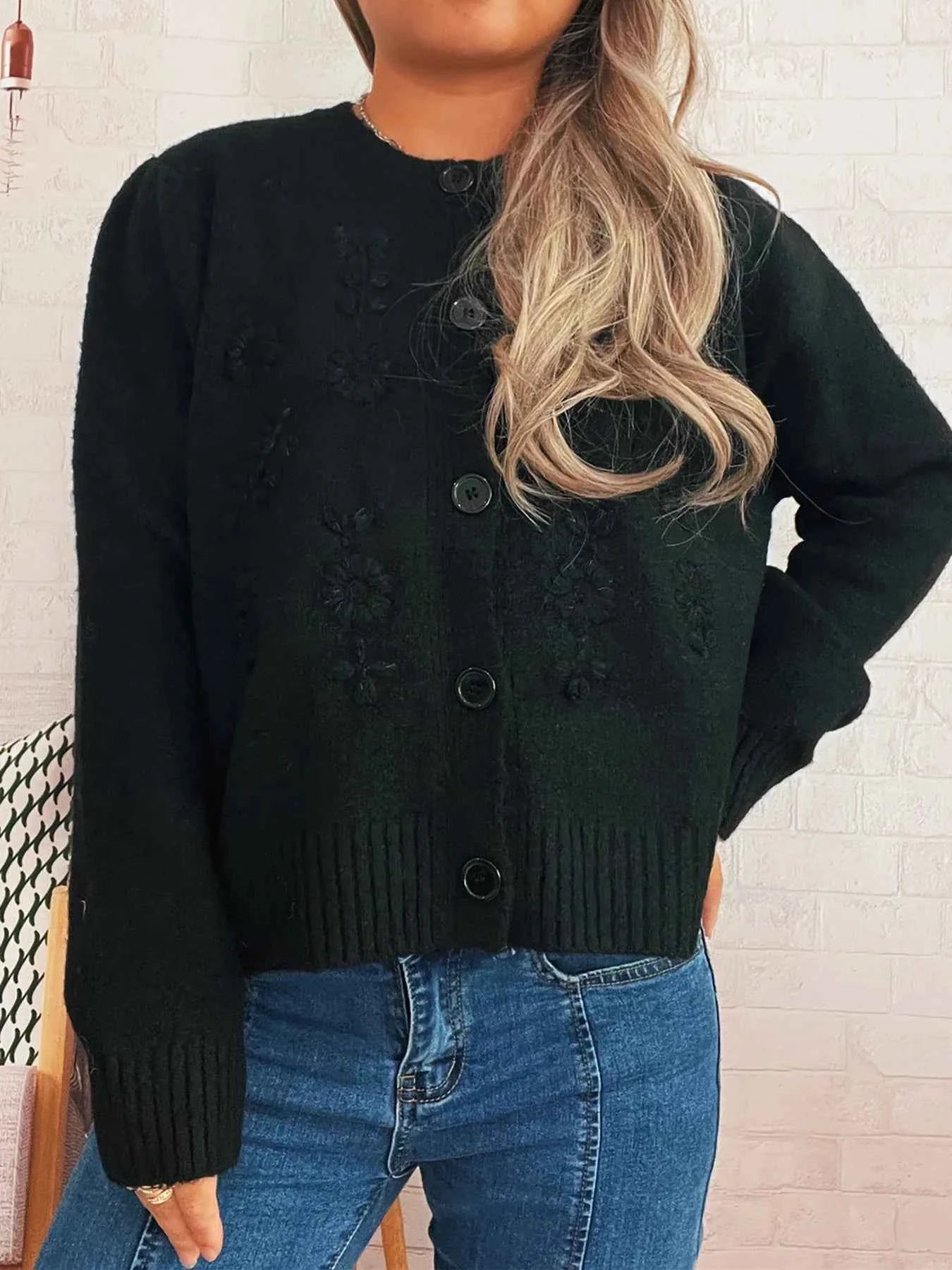 Flower Button Up Ribbed Hem Cardigan bfbe7bd4ed834f6bbf62b2b59bf58337-Max-Origin