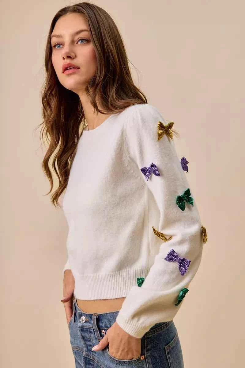 SO ME Mardi Gras Glitter Bow Ribbon Sweater Knit Top bfc6ce04b4644361bdb8bd3e7092ff6d-Max-Origin