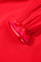 Fiery Red Striped Trim Ruffle Split Neck Long Sleeve Blouse bfcb4b2a5b26b0f8