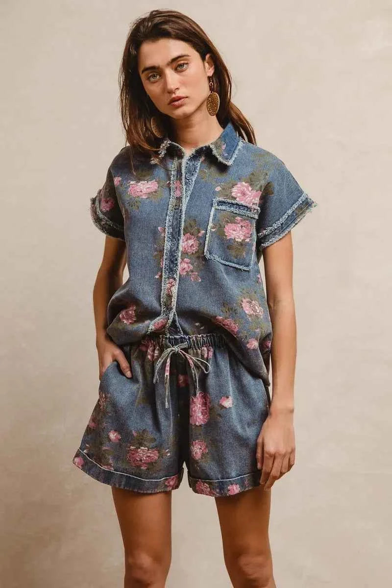BiBi Floral Printed Denim Short Pants With Pocket bfcedf5ef841473eb125bba1088f28d7-Max-Origin