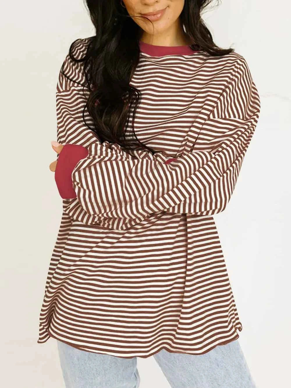 Contrast Striped Long Sleeve Sweatshirt Burgundy bfd4d4fe-4fe2-4700-9514-8af40c4a2869-Max