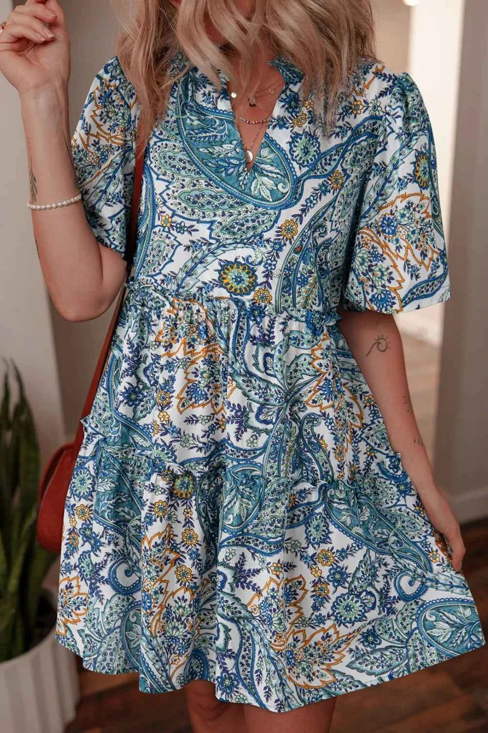 Paisley Floral V Neck Short Sleeve Mini Dress Floral bfd6aedc-0c9a-4c00-b51d-6a315774e280-Max-Origin