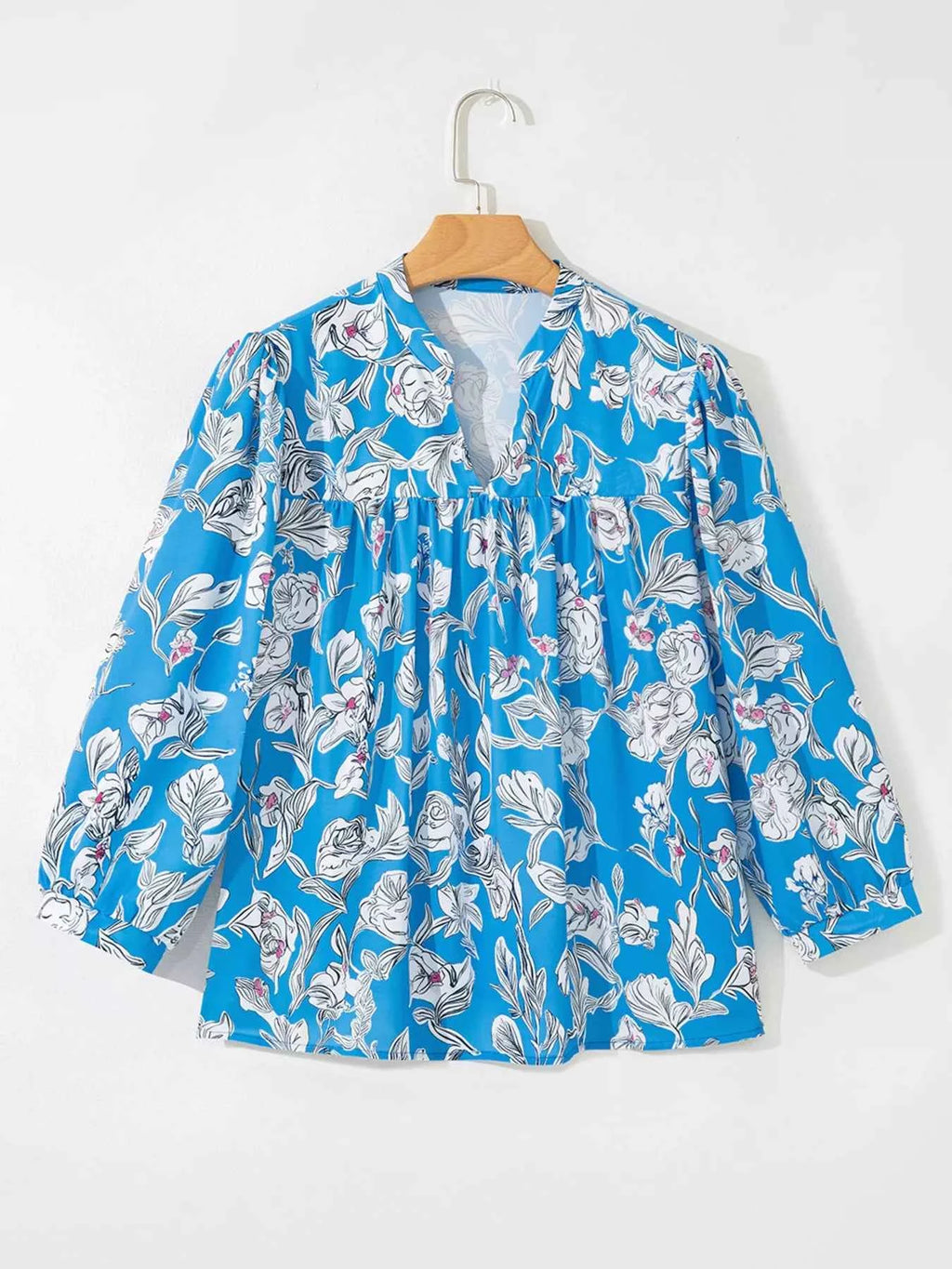 Notched Floral Print 3/4 Puff Sleeve Blouse bfd8035af4d64a2b936985f67c930793-Max-Origin