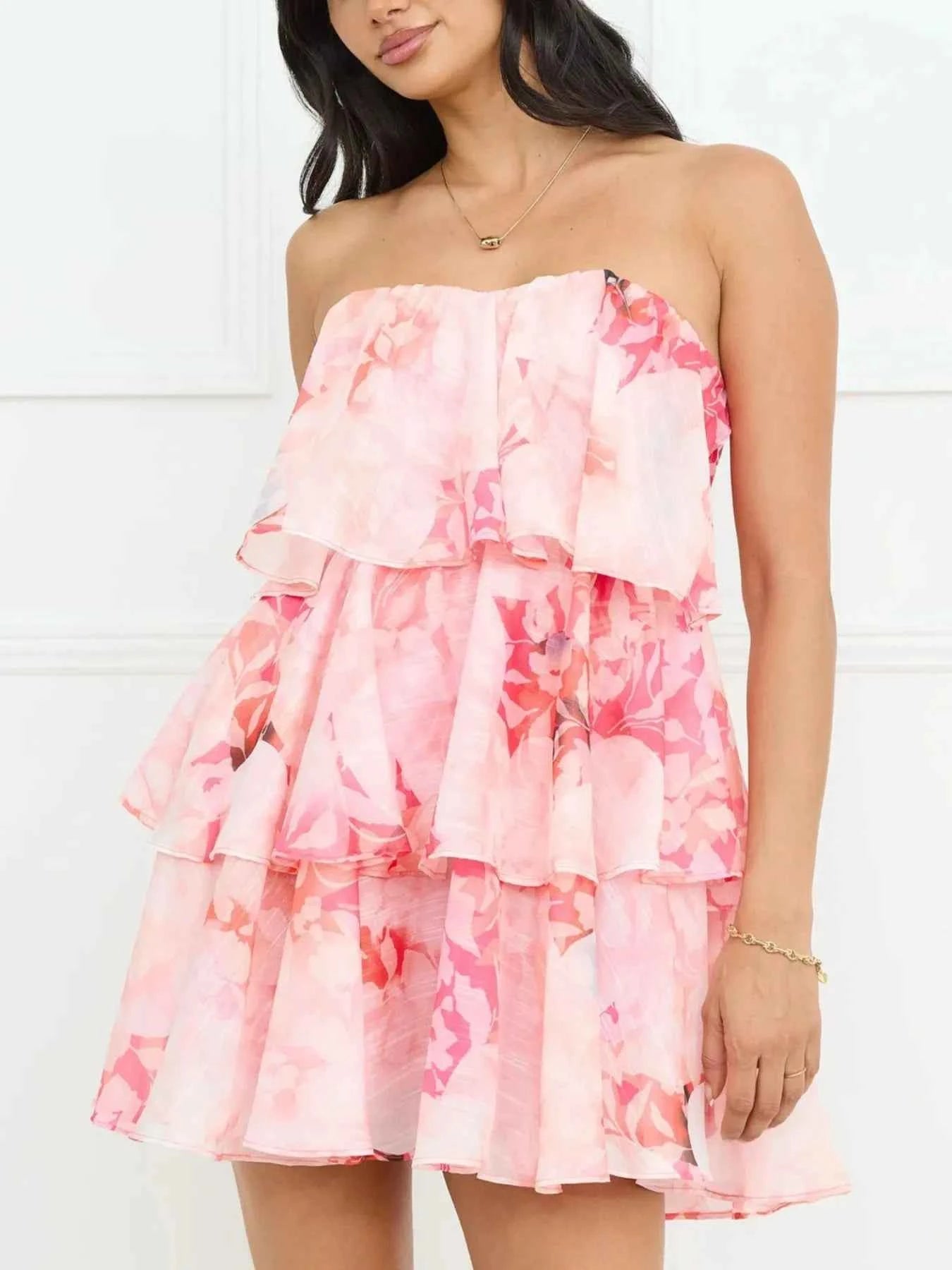 Printed Ruffled Layered Tube Dress Pink bfd9ff7c-d4c3-4a87-bc8d-9aa4031f3cb8-Max-Origin