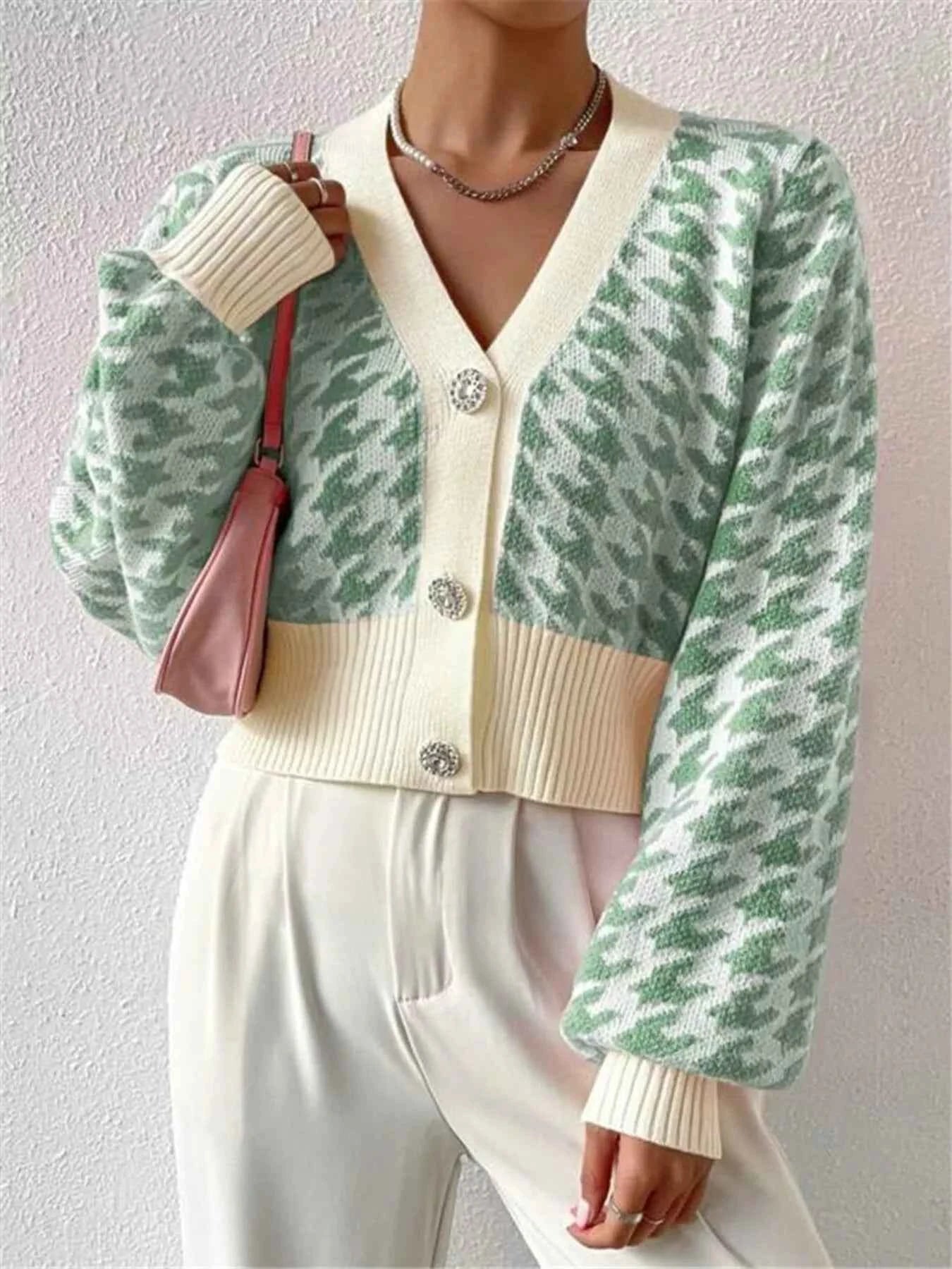Houndstooth V-Neck Button Up Cardigan bfdaee45c68f46fb9af3b0b428fc61fe-Max-Origin