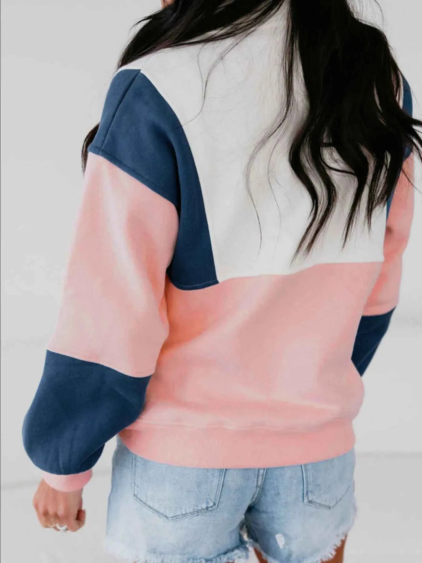 Colorblock Patchwork Half Button Baggy Sweatshirt bfe170db-8587-428b-a683-163bd079052b-Max-Origin