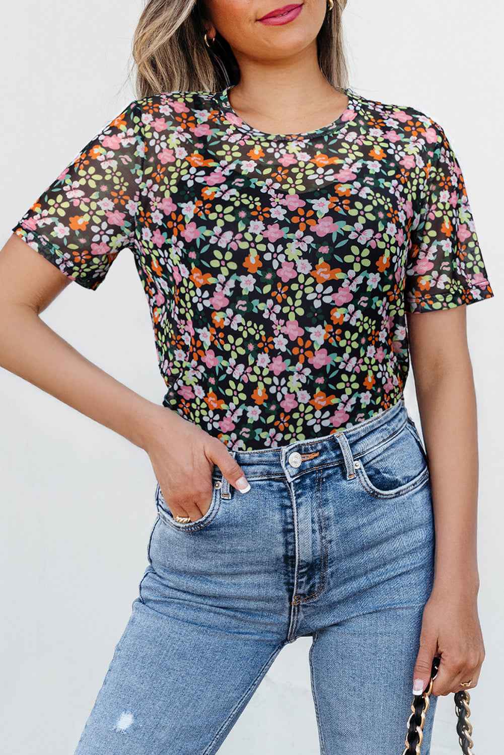 Black Sheer Mesh Floral Round Neck T Shirt with Camisole Black bfe8a60fcef127d8
