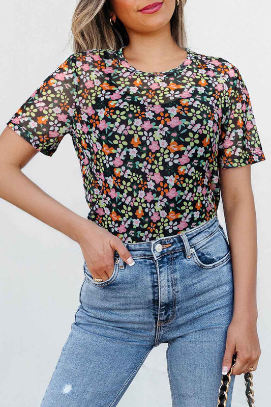 Black Sheer Mesh Floral Round Neck T Shirt with Camisole Black bfe8a60fcef127d8