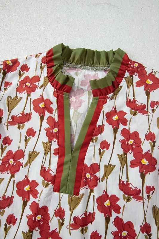 Floral Contrast V-Neck Ruffle Short Sleeve Blouse bff15a34-dc97-4f44-a178-fa6de47531d7