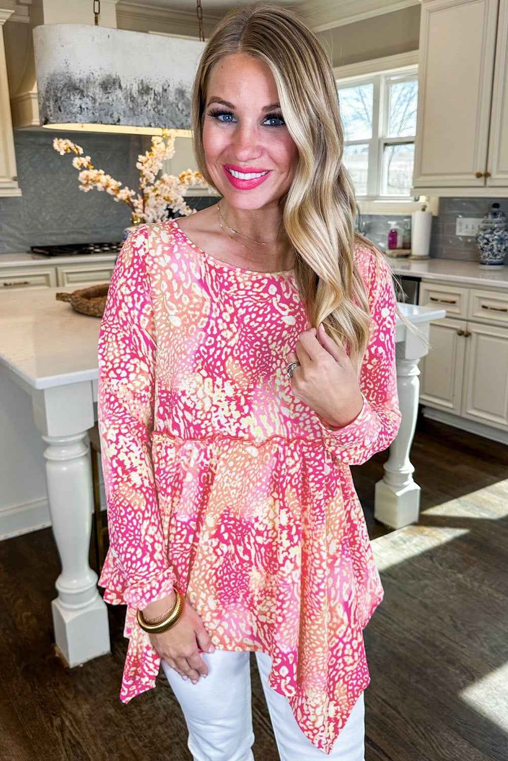 Rose Classic Leopard Print Handkerchief Hem Tunic Top bff802686b1b5e6c