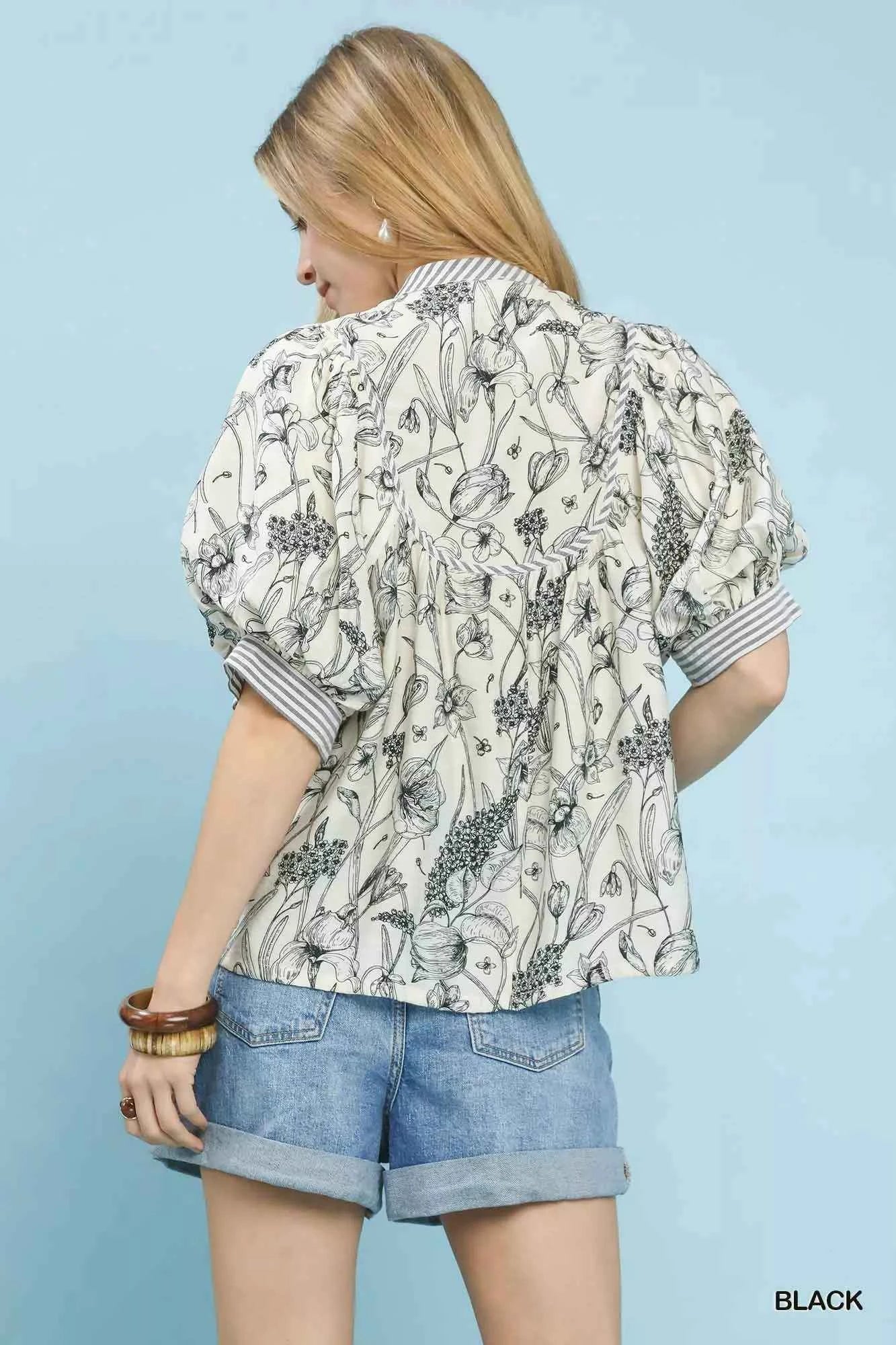 Umgee Mixed Print Puff Sleeve Split Neck Top bffc8342-ccda-467a-bbe3-f50ba6cc4b3f-Max-Origin