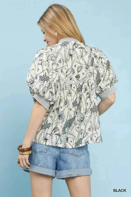 Mixed Print Puff Sleeve Split Neck Top bffc8342-ccda-467a-bbe3-f50ba6cc4b3f-Max-Origin