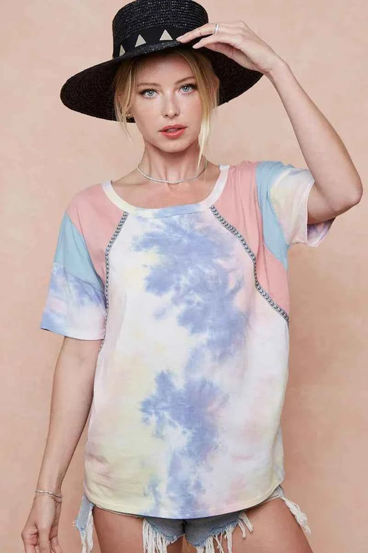 Tie Dye Printed Cotton Color Block T-Shirt bffedbfe00724a098570e1d88548c9ad-Max-Origin