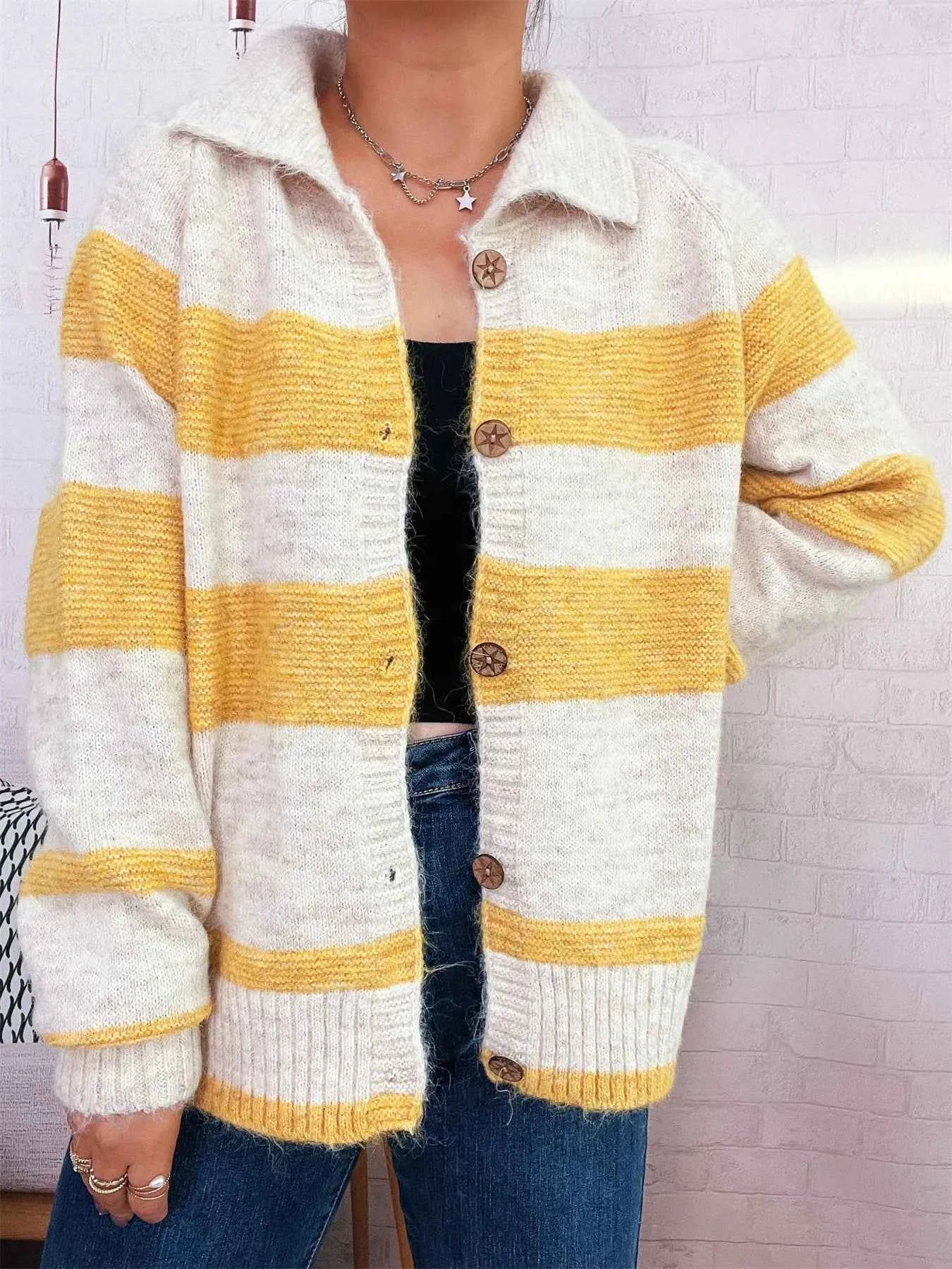 Striped Button-Up Cozy Cardigan Yellow One Size bffffd153ec444ad8e8839809659a858-Max-Origin