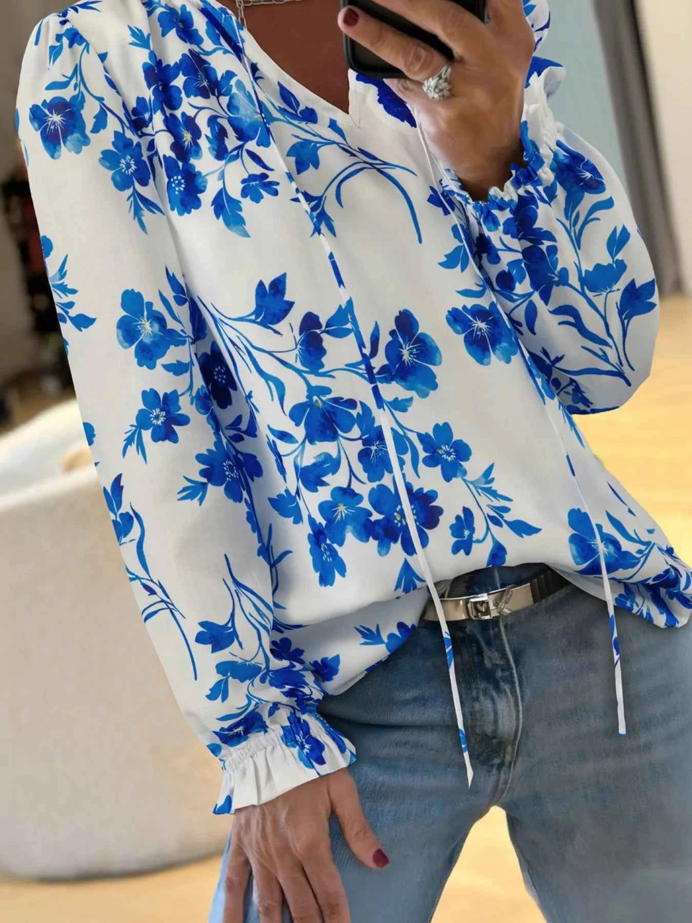 Floral Long Sleeve Tie Neck Blouse Sky Blue c001e0eba0fd40529346faef2784dc5a-Max-Origin