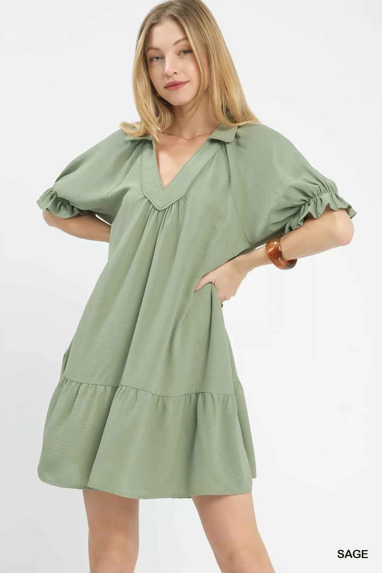 Umgee Tiered Puff Sleeve Babydoll Dress SAGE c004431c-91e0-4161-8350-b99d3faab2e7-Max-Origin