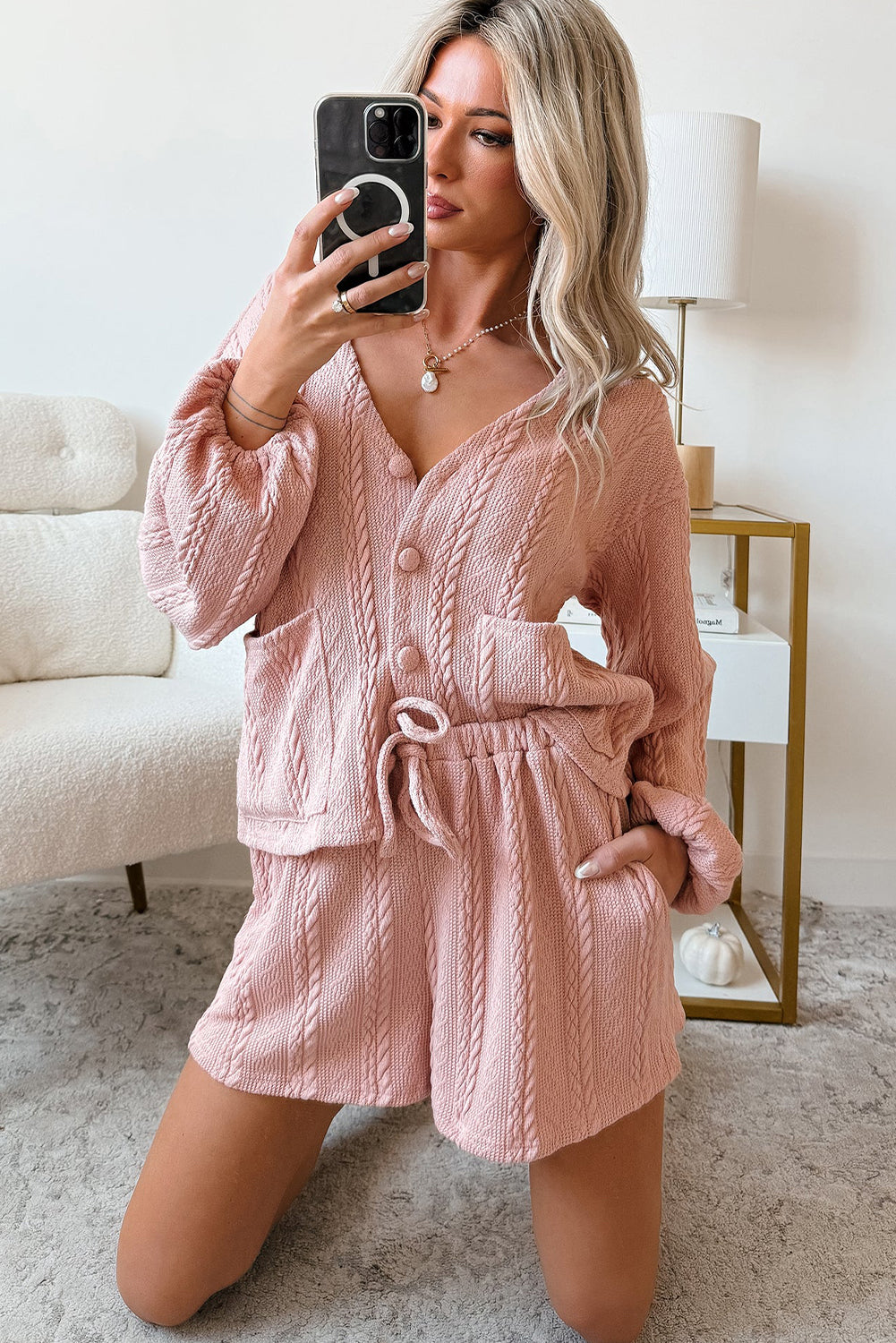 Gossamer Pink Cable Knit V Neck Cardigan Shorts Set c0044aec7e3db6d4