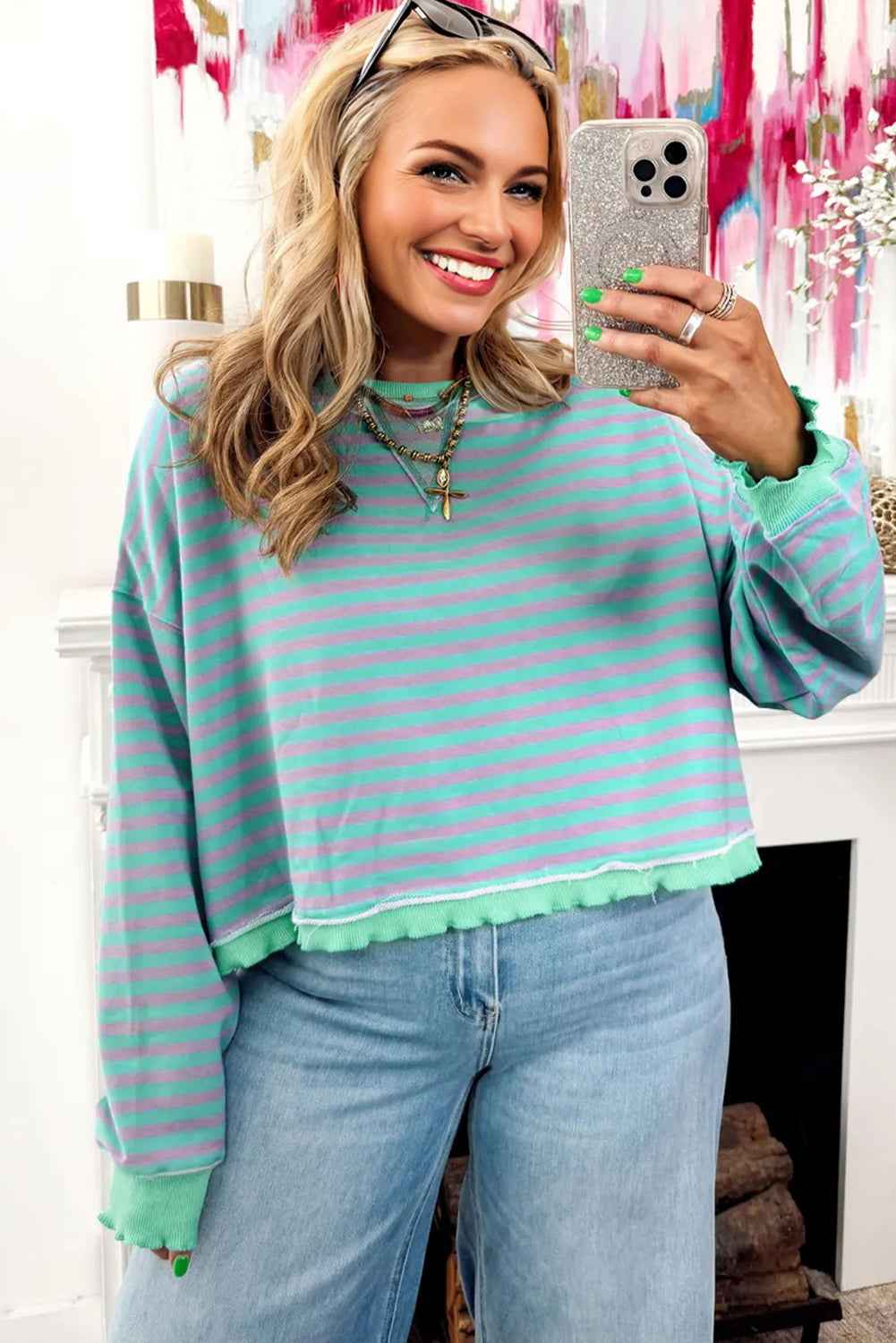 Red Stripe Exposed Seam Contrast Ribbed Trim Oversize Sweatshirt c00703618d5cda7f