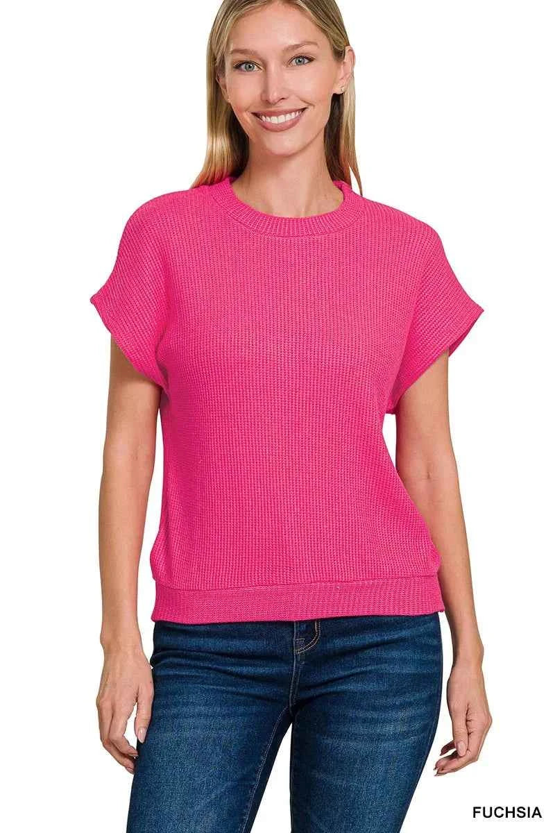 Zenana Round Neck Banded Botton Short Sleeve Sweater FUCHSIA c00ee606f48c4bde82bc23ef079c1e5c-Max-Origin