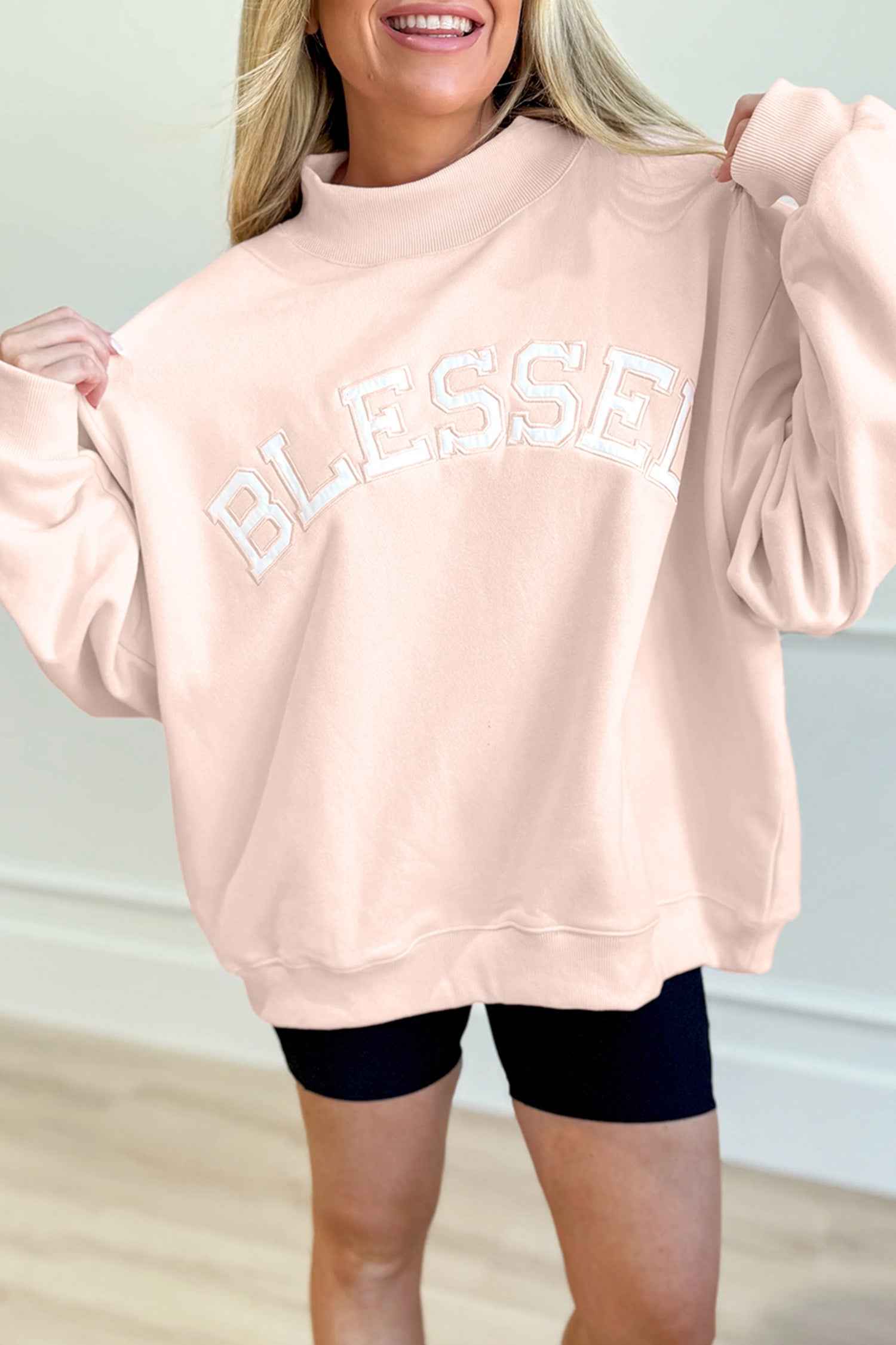 Sea Green Oversize Blessed Embroidered Mock Neck Sweatshirt c00f1adfeafe654d