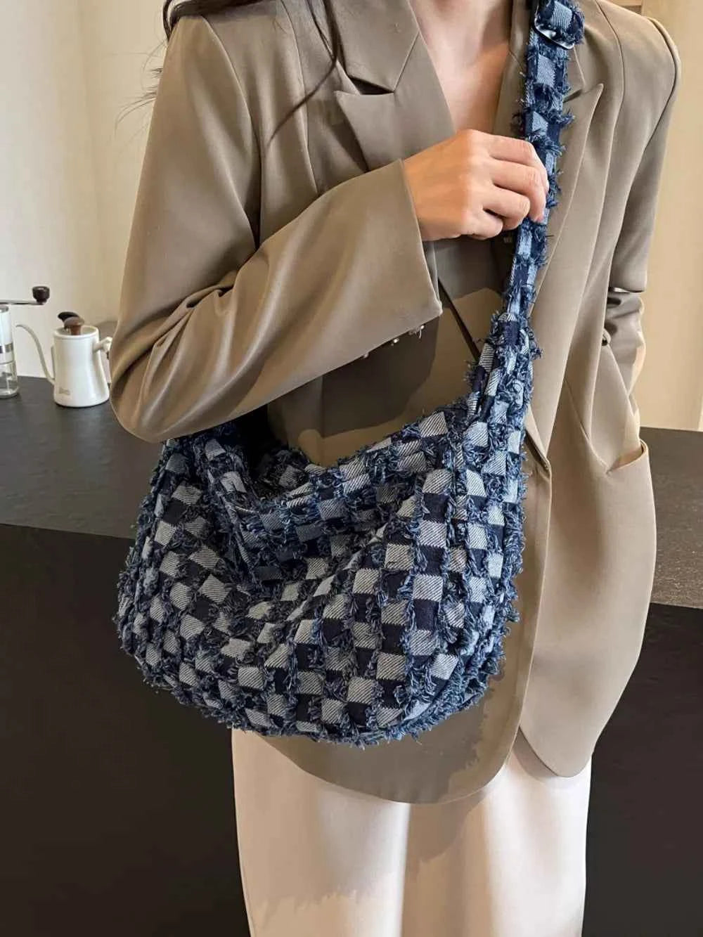 Checkered Raw Edge Denim Shoulder Bag Dusty Blue One Size c015645d-4c61-4fc6-a8c8-e7e6630bcd6e-Max