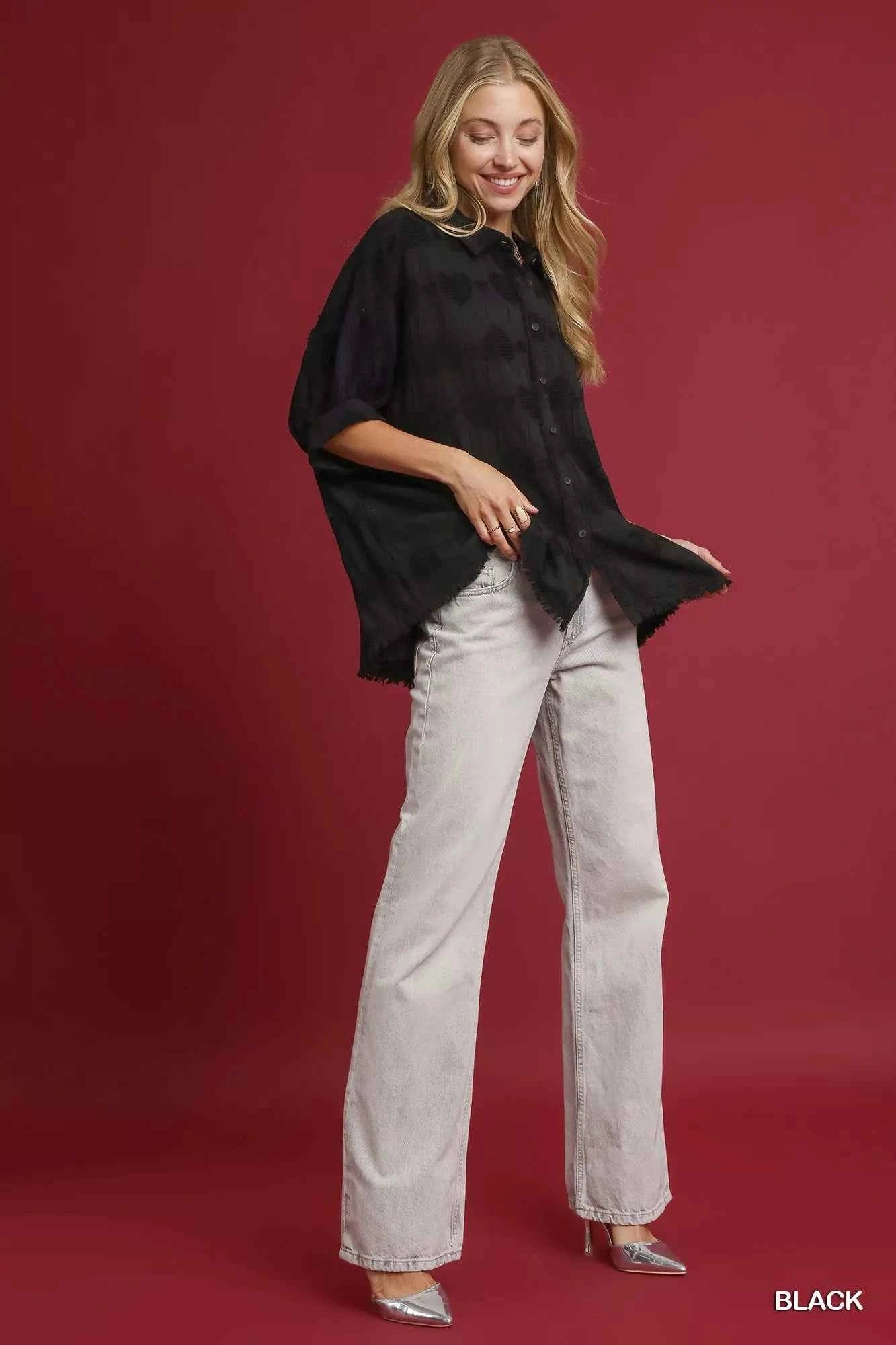 Umgee Jacquard Heart Collared Shirt