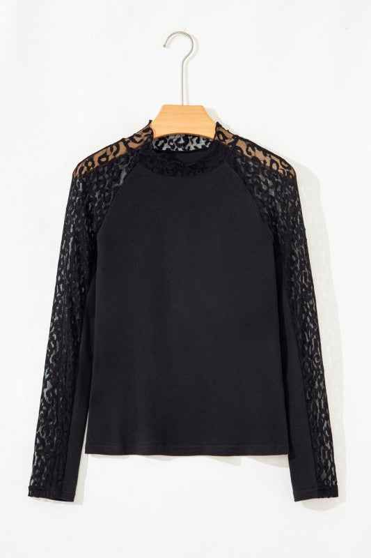 Leopard Mesh Patchwork Long Sleeve Top Black c01c1871-51ff-4def-8379-f41434612ada