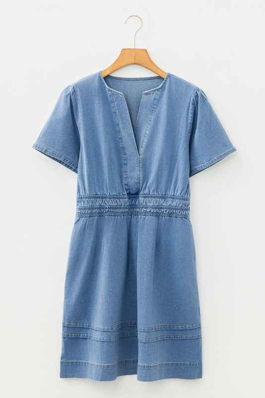 Denim Elastic Waist Short Sleeve Mini Dress Myosotis c02192d4-f05c-4c07-81d8-06ab9d3e0f1d
