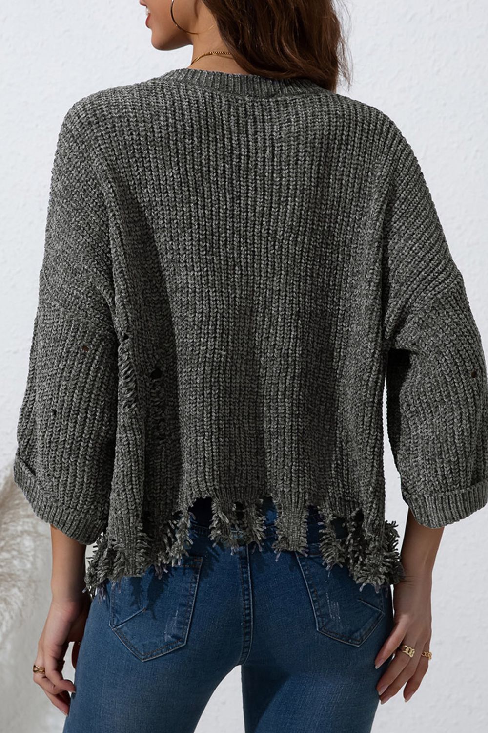 Distressed Round Neck Drop Shoulder Sweater